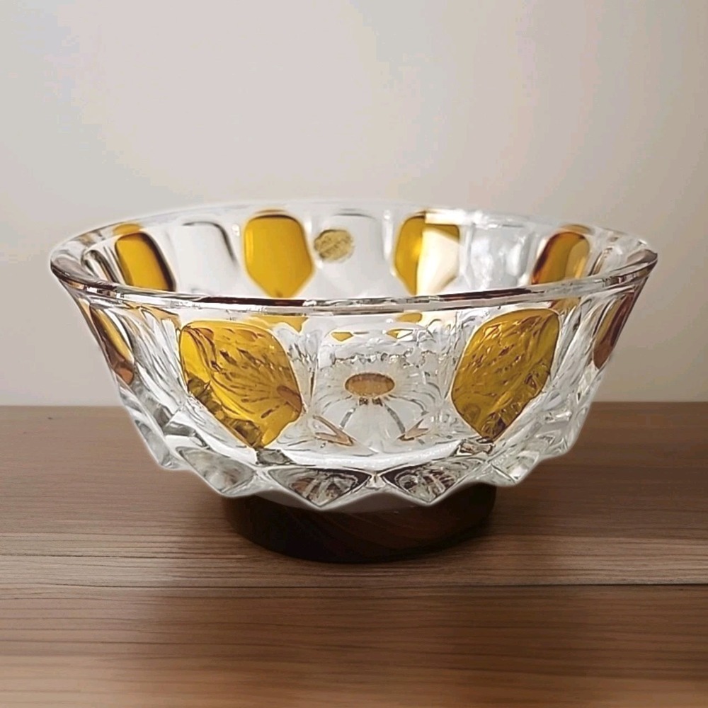 VTG 1950's Echt Bleikristall German Crystal Candy Dish Amber & Clear Glass 5"x2"